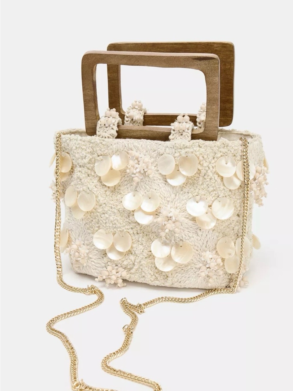 Cream Embellished Floral Crochet Handbag with Wooden Handles